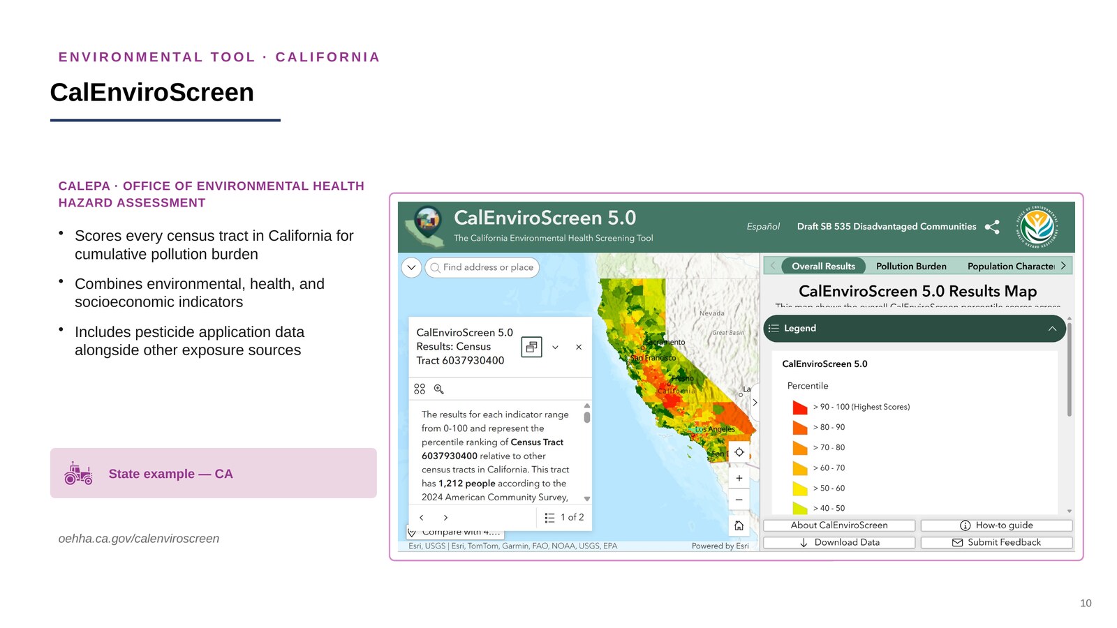 Screenshot of the CalEnviroScreen 5.0 results map for California