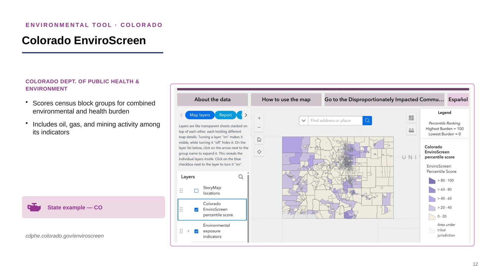 Screenshot of the Colorado EnviroScreen percentile score map