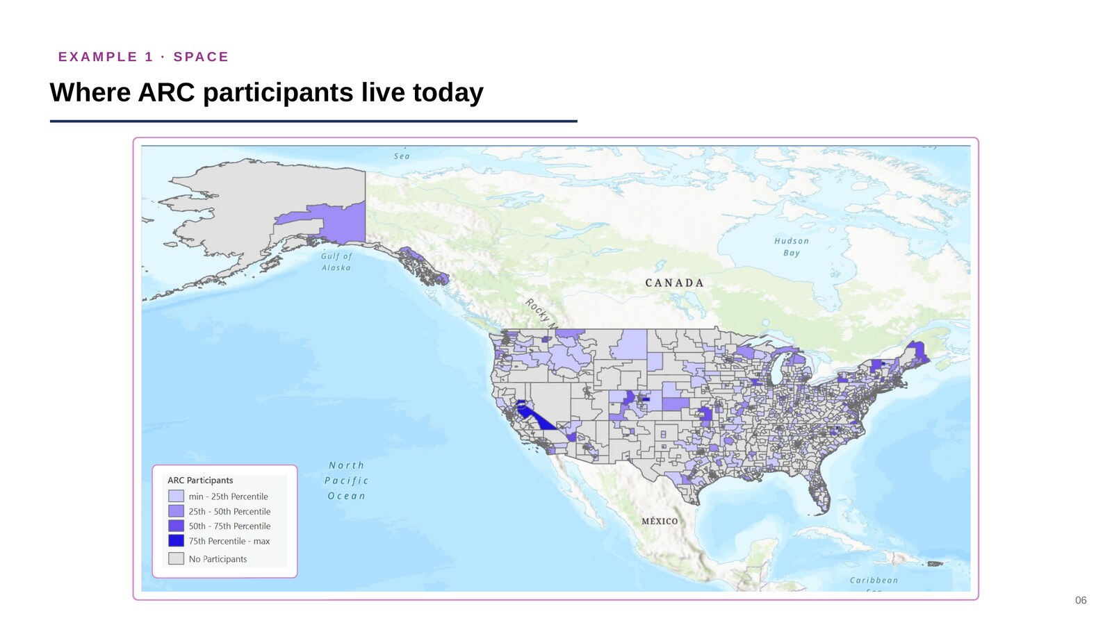 Choropleth map of where ARC participants live today, contiguous U.S. and Alaska