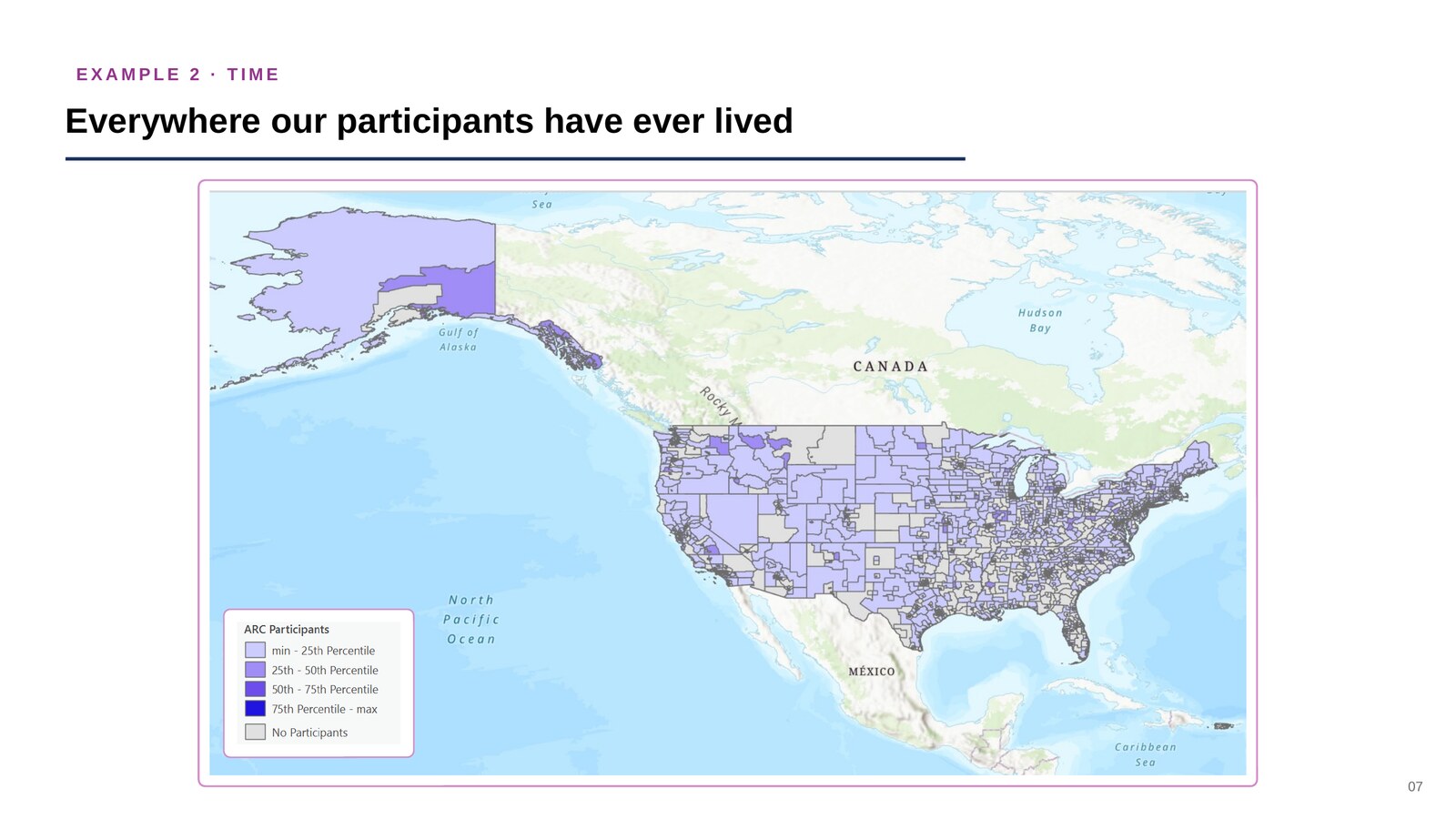 Choropleth map of every county ever reported as an ARC participant residence