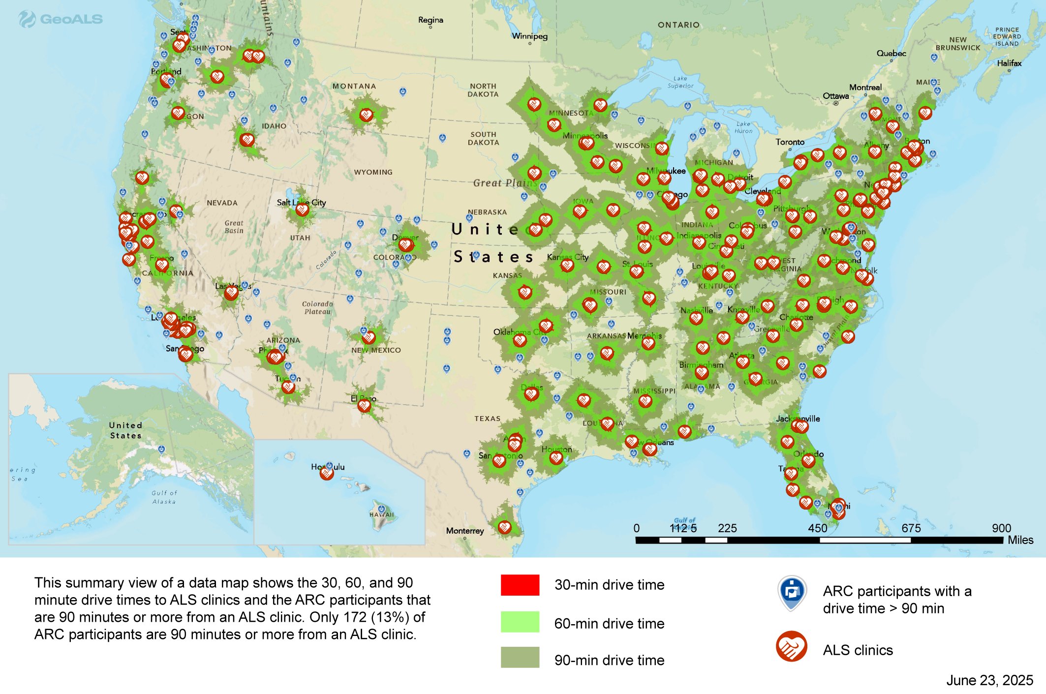 30, 60, and 90 minute drive times to ALS clinics with ARC participants beyond 90 minutes